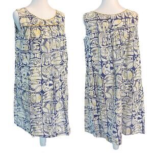 Vintage Miss Elaine Sleeveless Dress 60s Blue Yellow Womens Retro Midi Tribal M